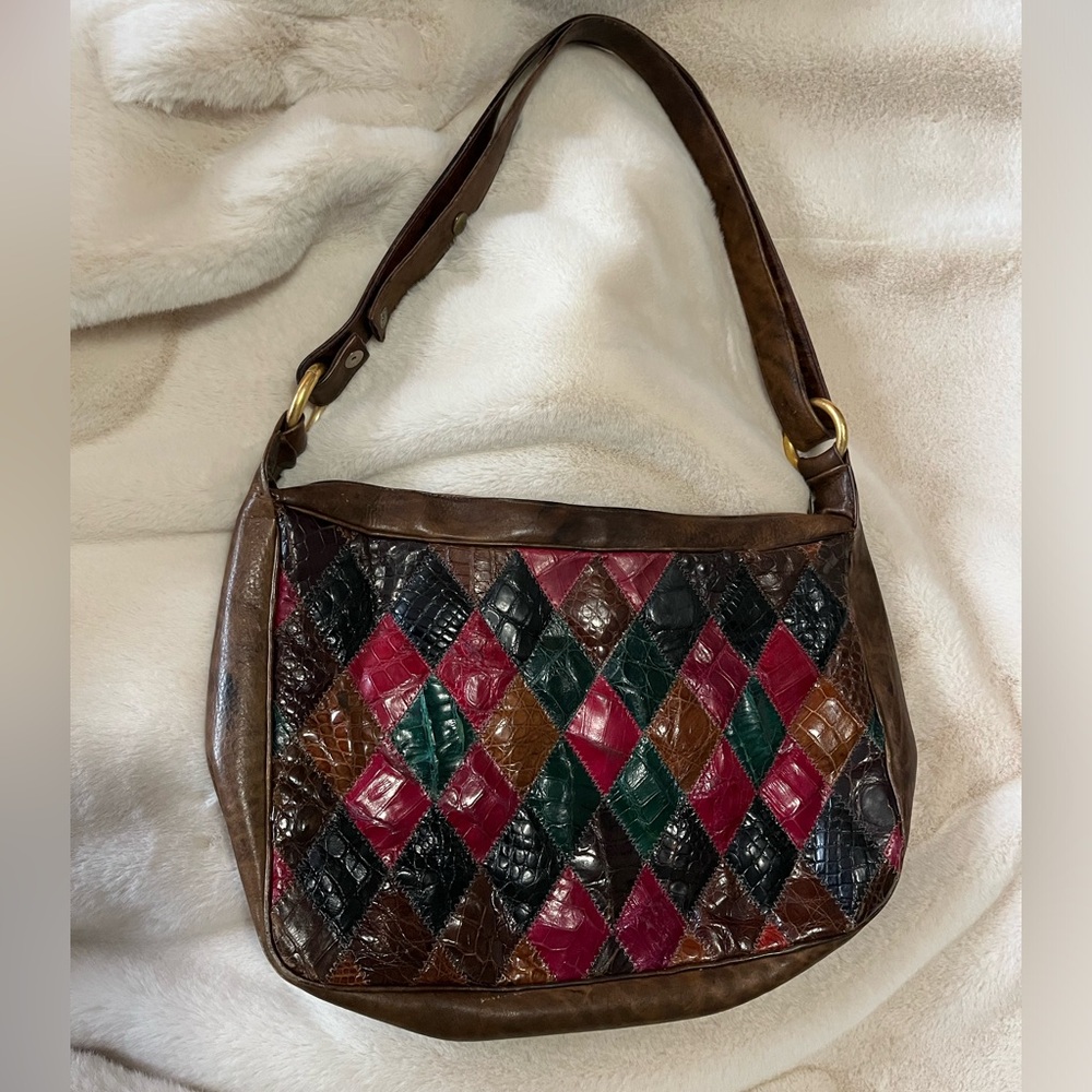 Leather Vintage Crocodile patchwork bag branded Corrente with suede interior - Picture 2 of 10